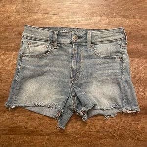AE Super Super Stretch Distressed Hi-Rise Shortie Jean Shorts!